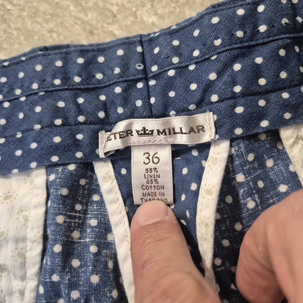 Peter Millar Shorts Mens ACTUAL 34 Blue Polka Dot Linen Blend Chino Coatal Beach